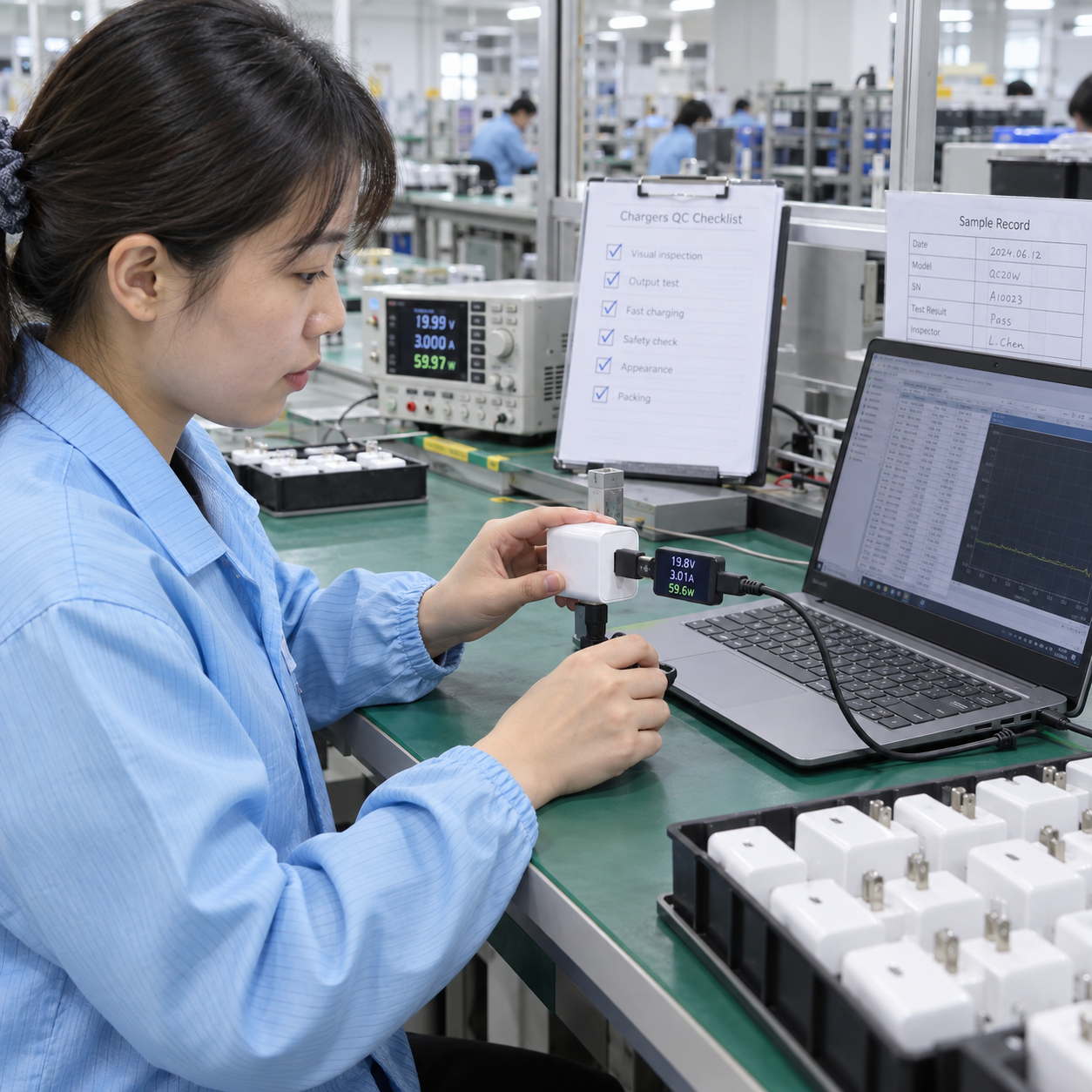 Asian quality-control specialist testing a charger in an electronics facility