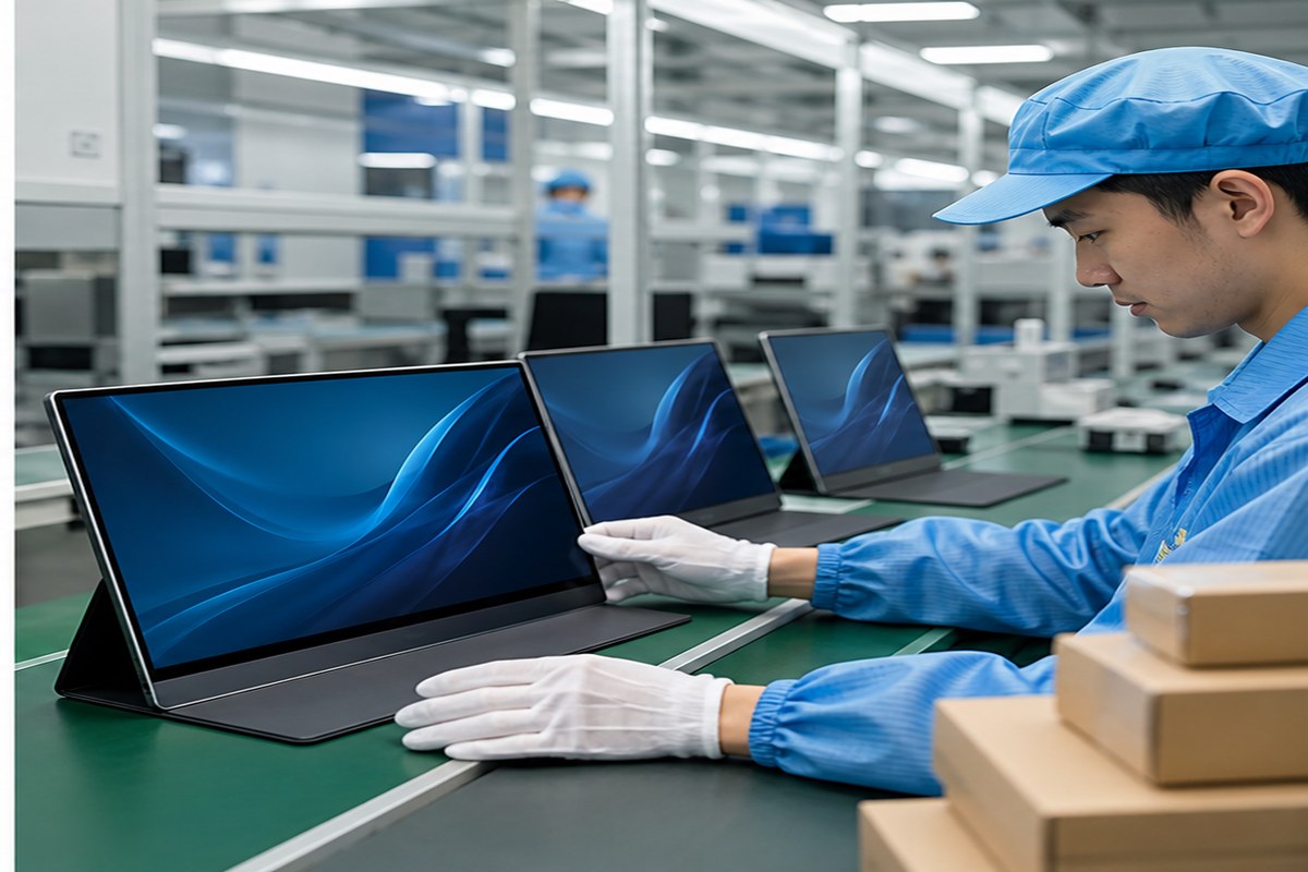 Asian electronics technician reviewing portable monitor assembly quality