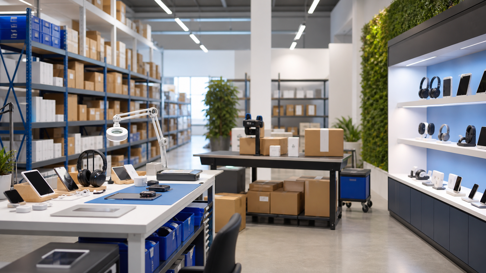 Electronics warehouse and product preparation area